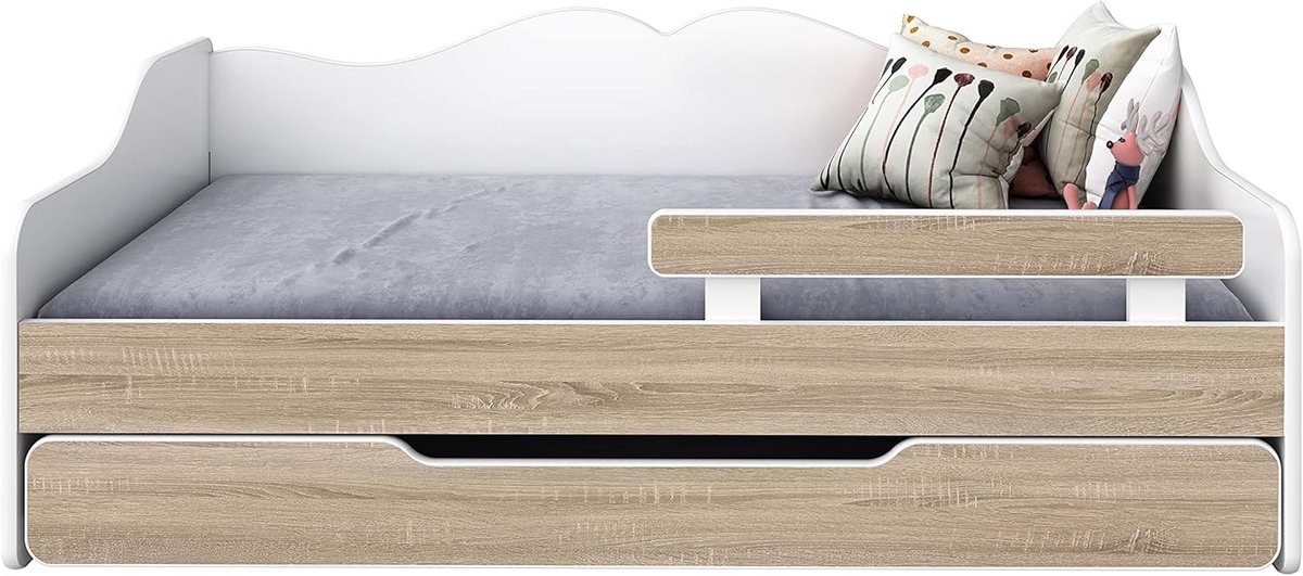 Uittrekbaar Eenpersoons Kinderbed met Lattenbodem, Matras en Opberglade - 160x80cm