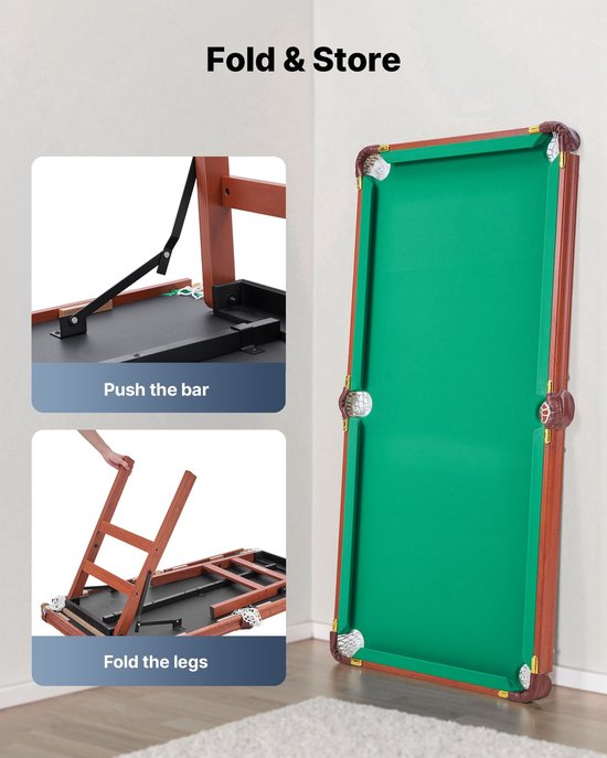 Pooltafel - Opvouwbaar Draagbaar Model - Afmeting 140 cm - Ruimtebesparend - Compleet met Ballen, Keu, Driehoek, Krijt en Borstel - Bruin met Groen Laken — afbeelding 2