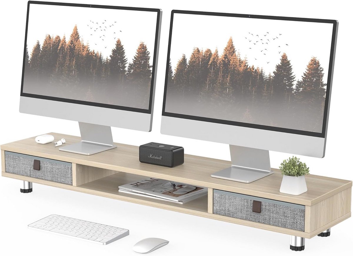 Dual Monitor Stand met 2 Lade voor Computer en TV - Ergonomisch en Ruimtebesparend