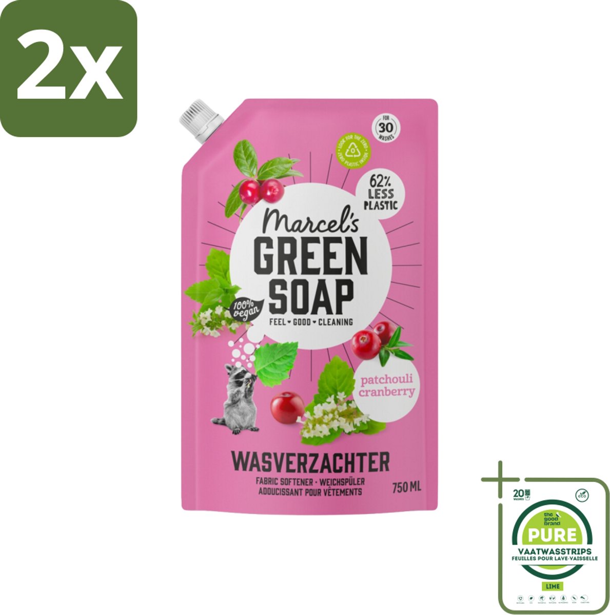 Marcel’s Green Soap – Wasverzachter – Patchouli & Cranberry - Navulling – 750 ml - Voordeelverpakking - 2 stuks - Wasverzachter - Navulling
