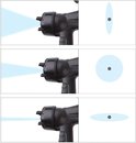 Drie illustraties van een zwarte spuitmond met uitstromende blauwe verf, telkens met een andere spuitstraalvorm.