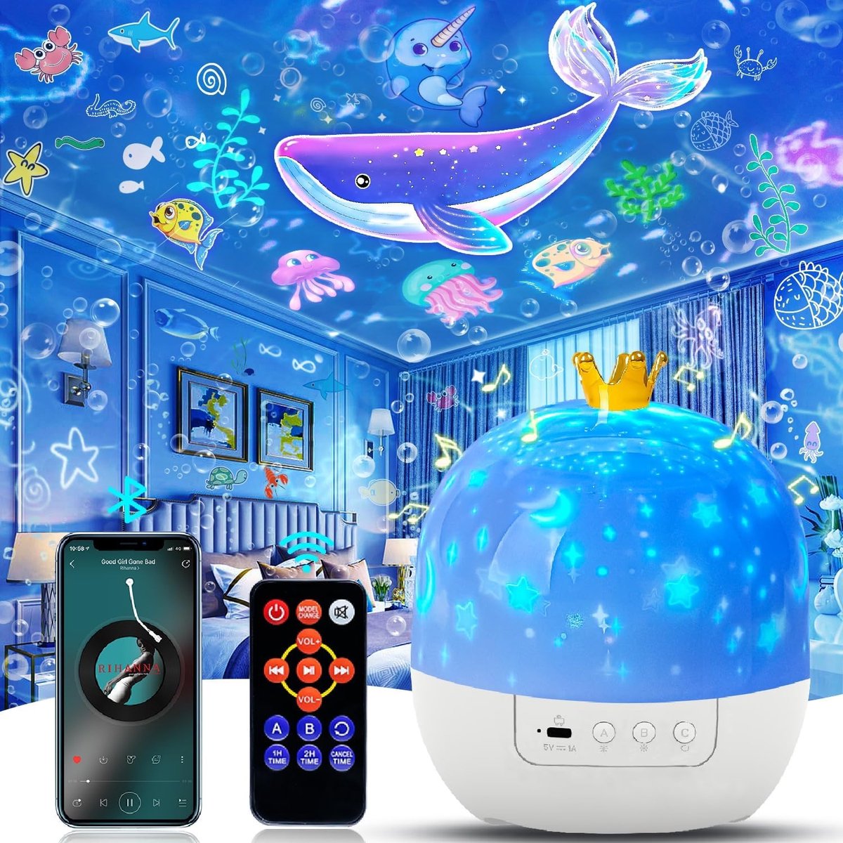 Player night light set - met afstandsbediening en bluetooth speaker - baby night light speler - geschikt voor baby - meisje - galaxy projector - geschikt voor babykamer - ter decoratie van de kamer - ingebouwde set van 21 films