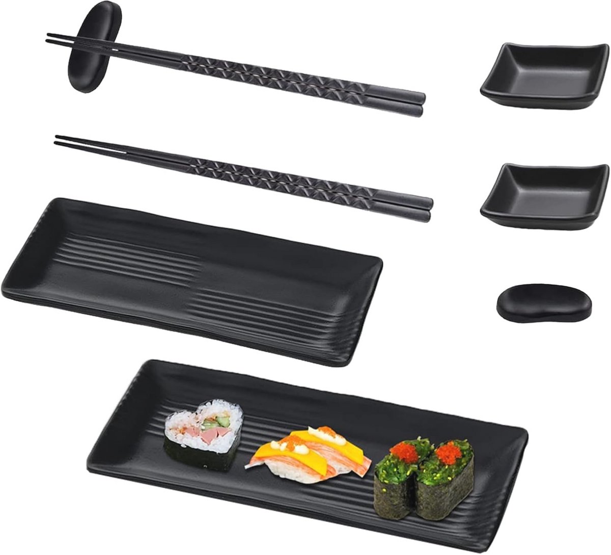 Sushi-servies met Dipschalen en Eetstokjes – Aziatische Servies Set in Zwart