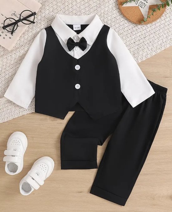 Amissz Baby Jongens Kleding Set Pak Peuter Gentleman Lange Mouw Romper Shirt Bretels Vlinderdas Feestelijke Doop Bruiloft Geruite, 0-3 maanden
