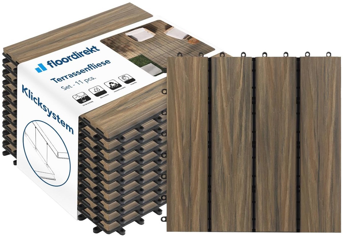 Deck Tiles met Kliksysteem voor Buiten - Weerbestendig en Met Afwateringsfunctie, 30 x 30 cm, 11 Stuks = 1 m² Mix Teak