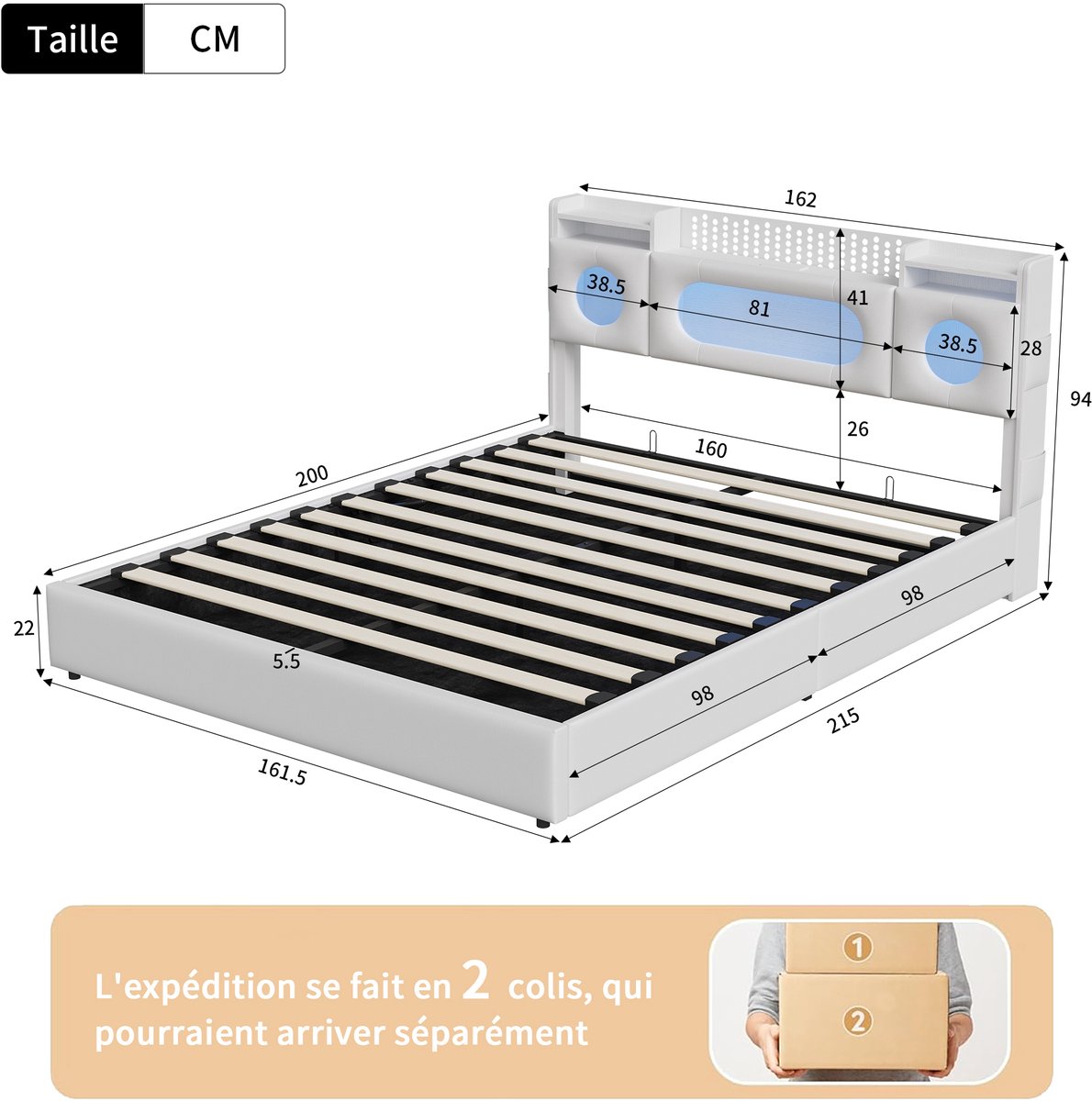 Gasveerbed 160x200 cm met LED-hoofdbord, USB en Type-C, opbergvak en opbergruimte onder het bed thumbnail 2