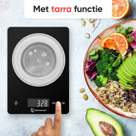 Kitchenwell Digitale Precisie Keukenweegschaal – Weegschaal Keuken - 1gr - 15kg – Tarra Functie - USB Oplaadbaar - Zwart