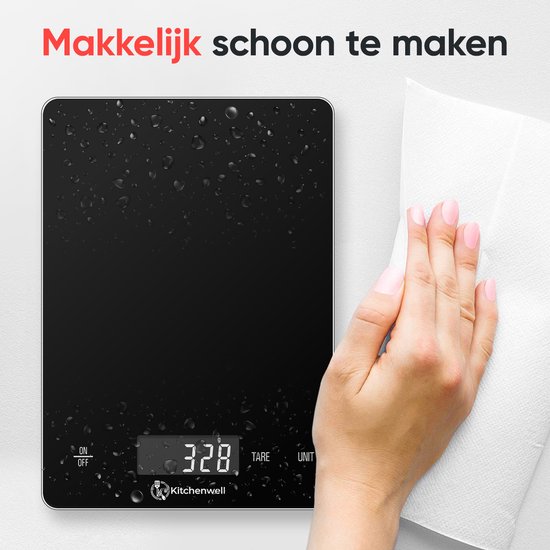 Kitchenwell Digitale Precisie Keukenweegschaal – Weegschaal Keuken - 1gr - 15kg – Tarra Functie - USB Oplaadbaar - Zwart