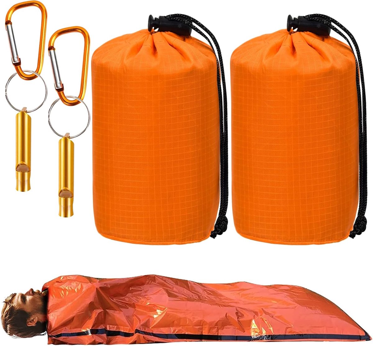 MDUG Waterdichte Outdoor Slaapzak - Draagbare Uitrusting - Oranje - 2-delige Set - Geschikt voor avontuurlijk kamperen, wandelen en extreme uitdagingen - Kan ook gebruikt worden als picknickkleed - Multifunctionele warme deken