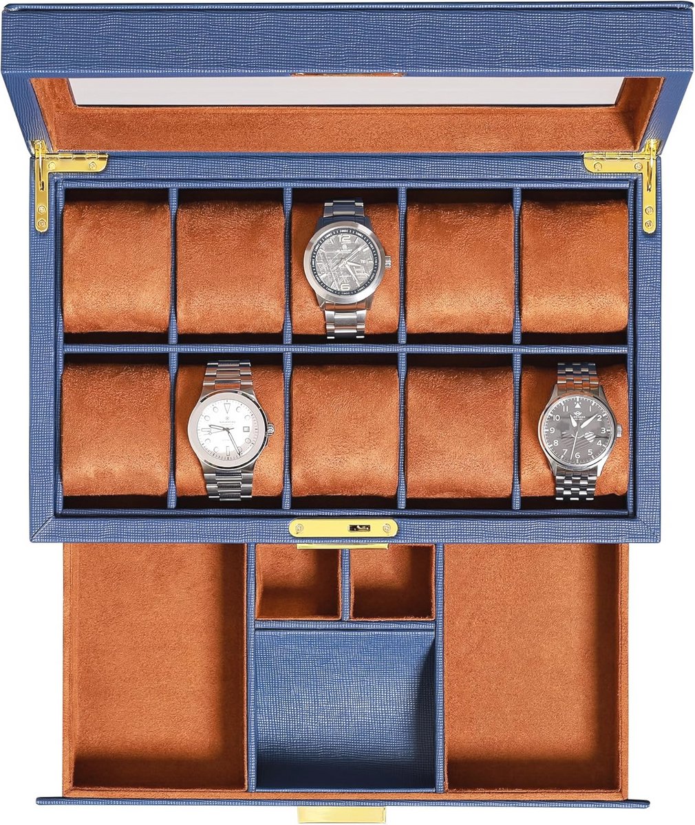 Watch Box met 10 Slots en Valet Tray - Luxe Horloge Organizer met Soft Microsuede Voering en Sluitbare Hoes