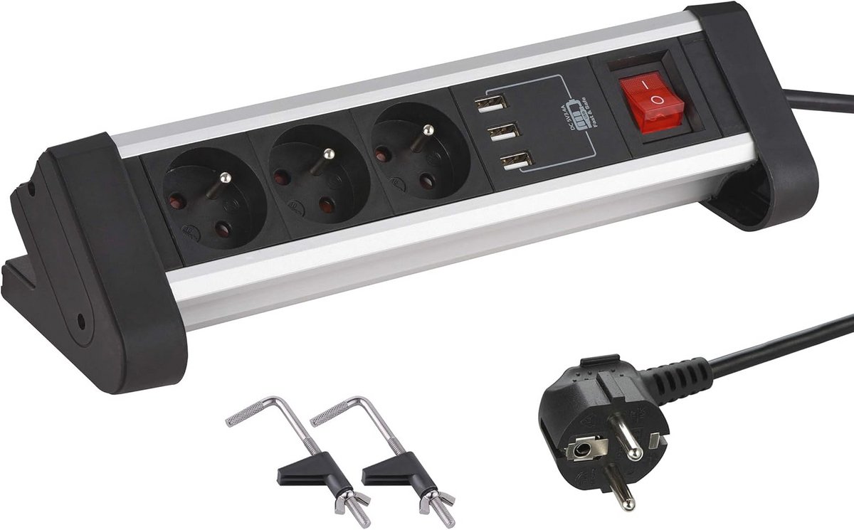 Inbouwstekkerdoos voor Bureau met 3 Stopcontacten en 3 USB Poorten - 1,5 m Lengte