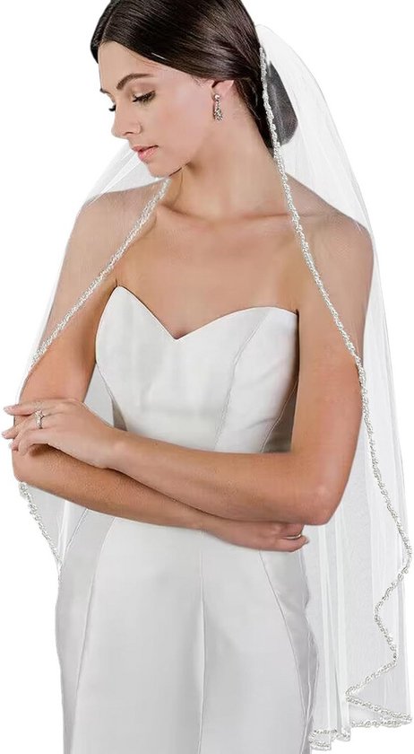 Eénlaagse Bruidssluier Fingertip Lengte met Parels en Kristallen