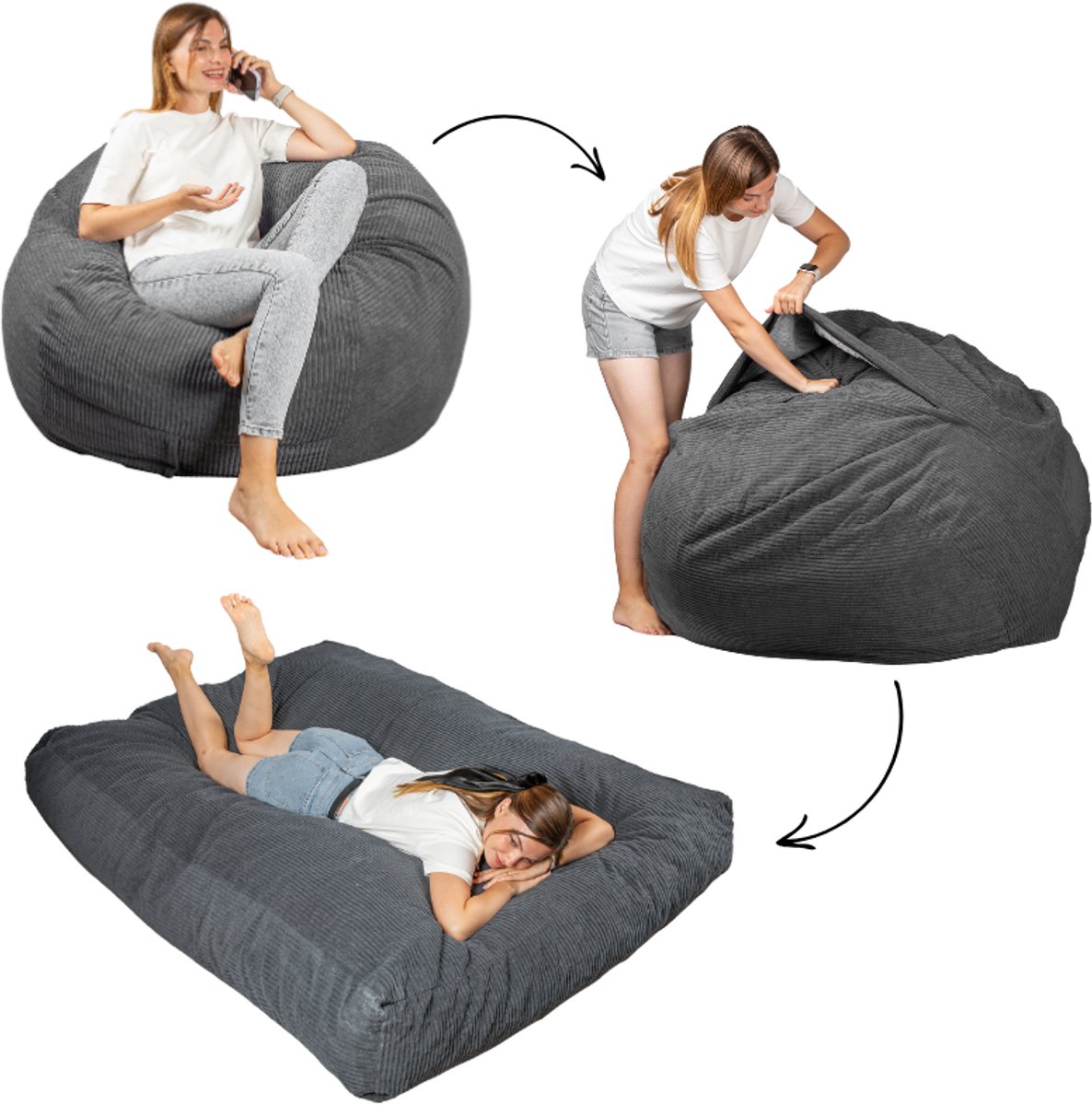 Bananair - Zitzak matras 2-in-1 - Gigantisch poef bed - Donkergrijs
