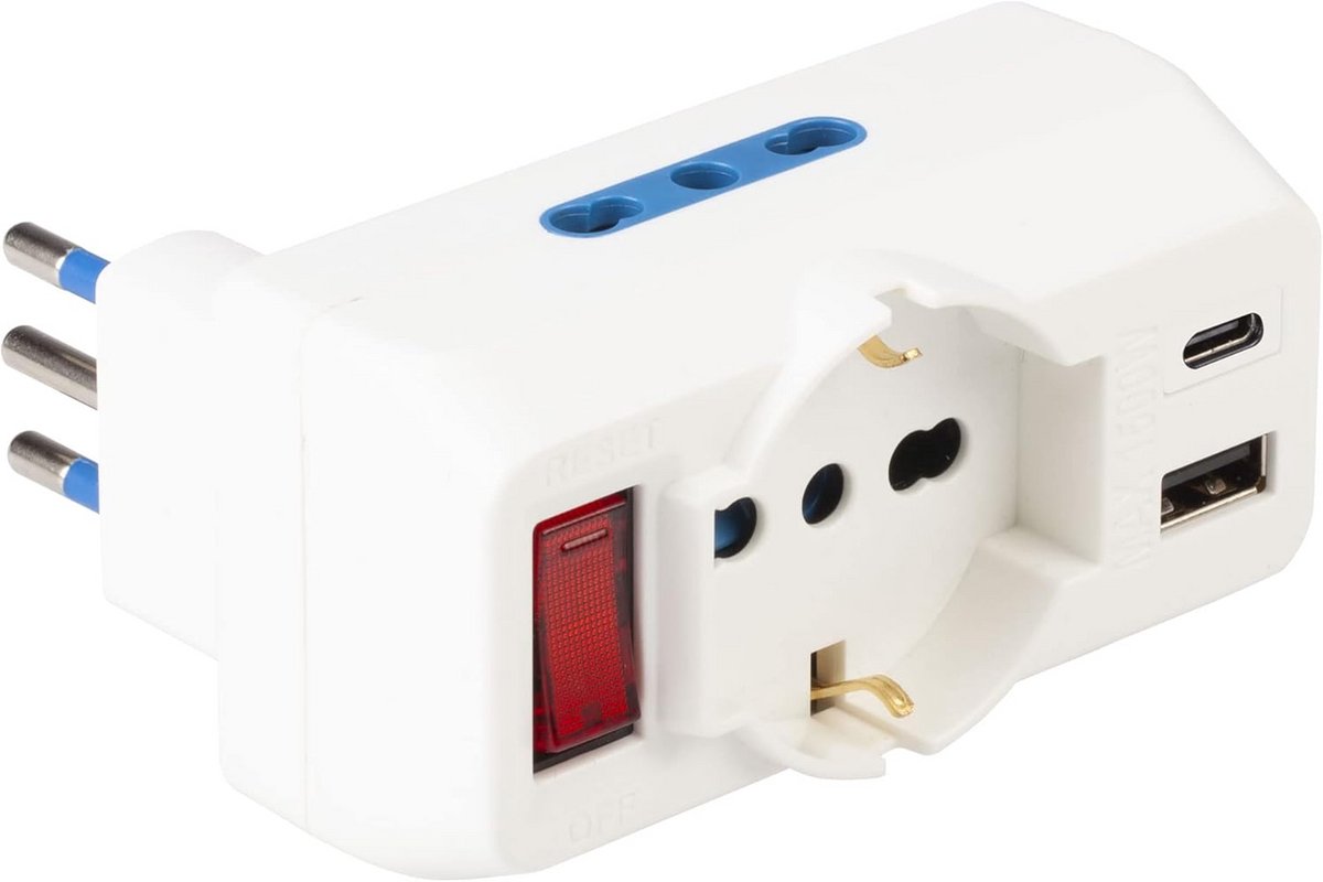 Adapter MULTISIZE stekker 10A met 3 stopcontacten en 2 USB-poorten