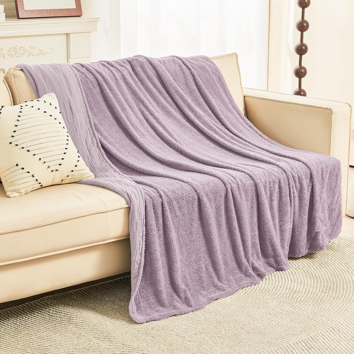 Geweven mousseline deken voor bank, zachte en ademende sprei, lavendel, 130 x 150 cm
