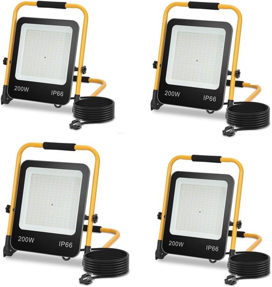 YRHome 200 W warm wit LED bouwspot bouwplaatsspot incl. standframe en netsnoer, LED schijnwerper werklamp waterdicht IP66 voor garage, tuin, bouwplaats (200W warm wit