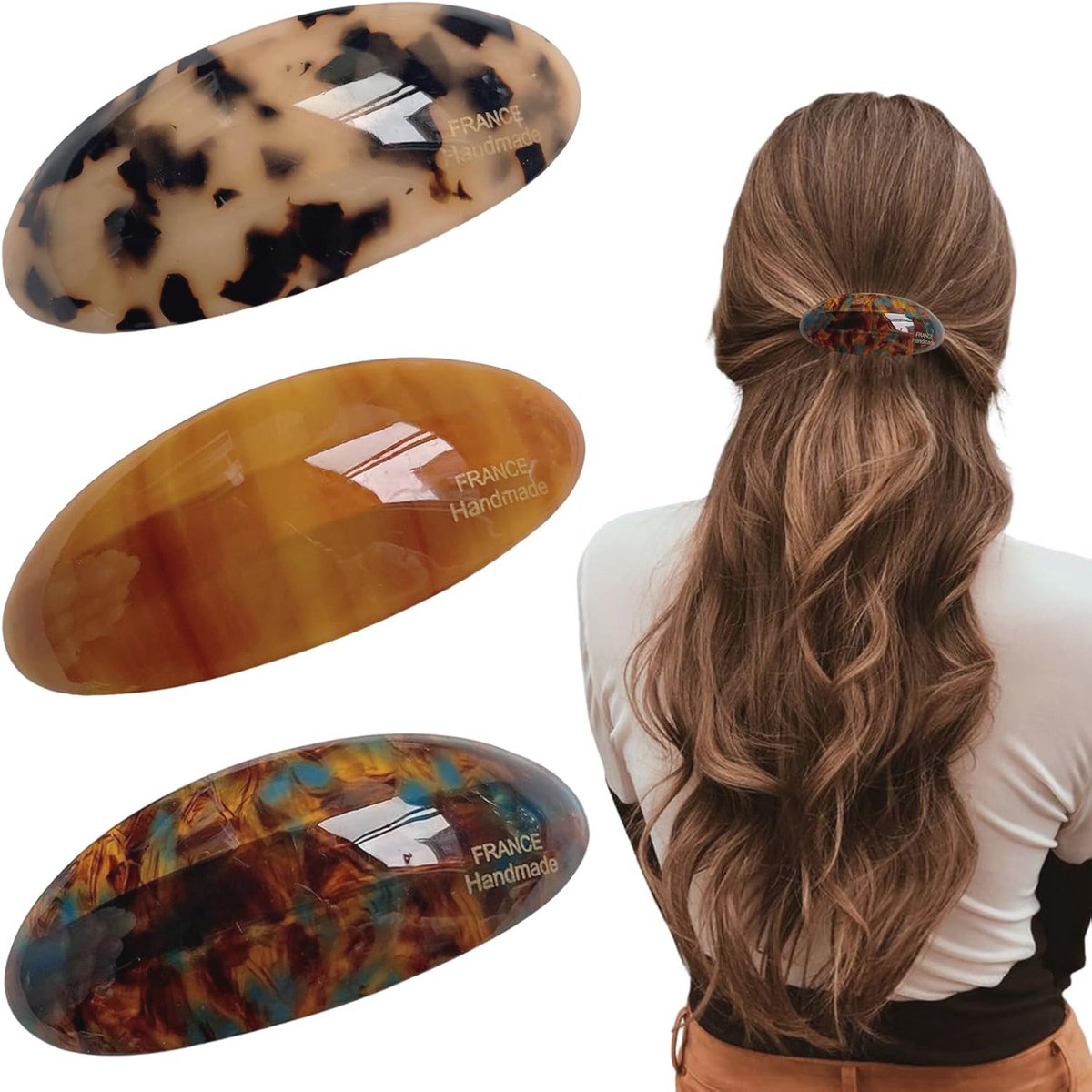 Grote Ovalen Haarclips Set van 3 - Franse Schildpad Ontwerp voor Dikker Haar