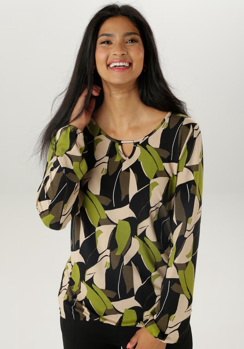 Aniston | Jersey top | Bladmotief | Meerkleurig | Metalen detail | maat 38