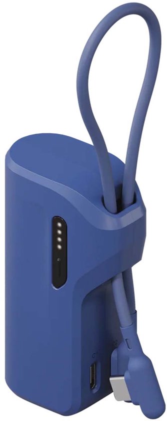 Blauwe powerbank met lus en semi-geïntegreerde USB-C kabel.