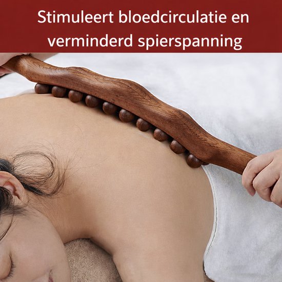 Houten Rugmassage Stok - Plus Massageolie - Rug/Nek/Schouder/Benen/Armen/Buik/Taille - Zelfmassage - Houten Massage XL Stok - Rugkrabber - Houten Massageroller - Guasha Massage - Rugpijn Verlichting - Bloedsomloop Verbeteren - 20 massageballen