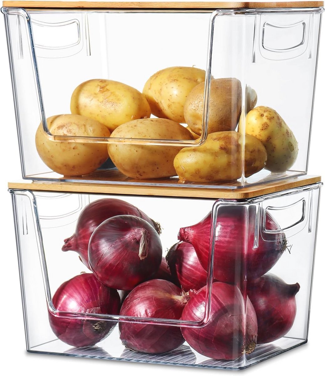 Stapelbare opbergbakken met bamboe top - Organizer voor fruit en groenten