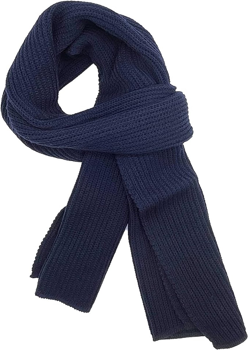 MDUG Unisex gebreide sjaal in effen kleur - 180 x 30 cm - Donkerblauw - Warme wintersjaal - Klassieke gebreide sjaal - Stijlvol en warm - Geschikt voor herfst en winter