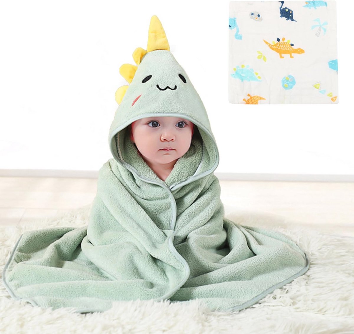 Zachte Capuchon Babyhanddoek 80 x 80 cm - Groen met Mousseline Washandje - Voor Pasgeborenen