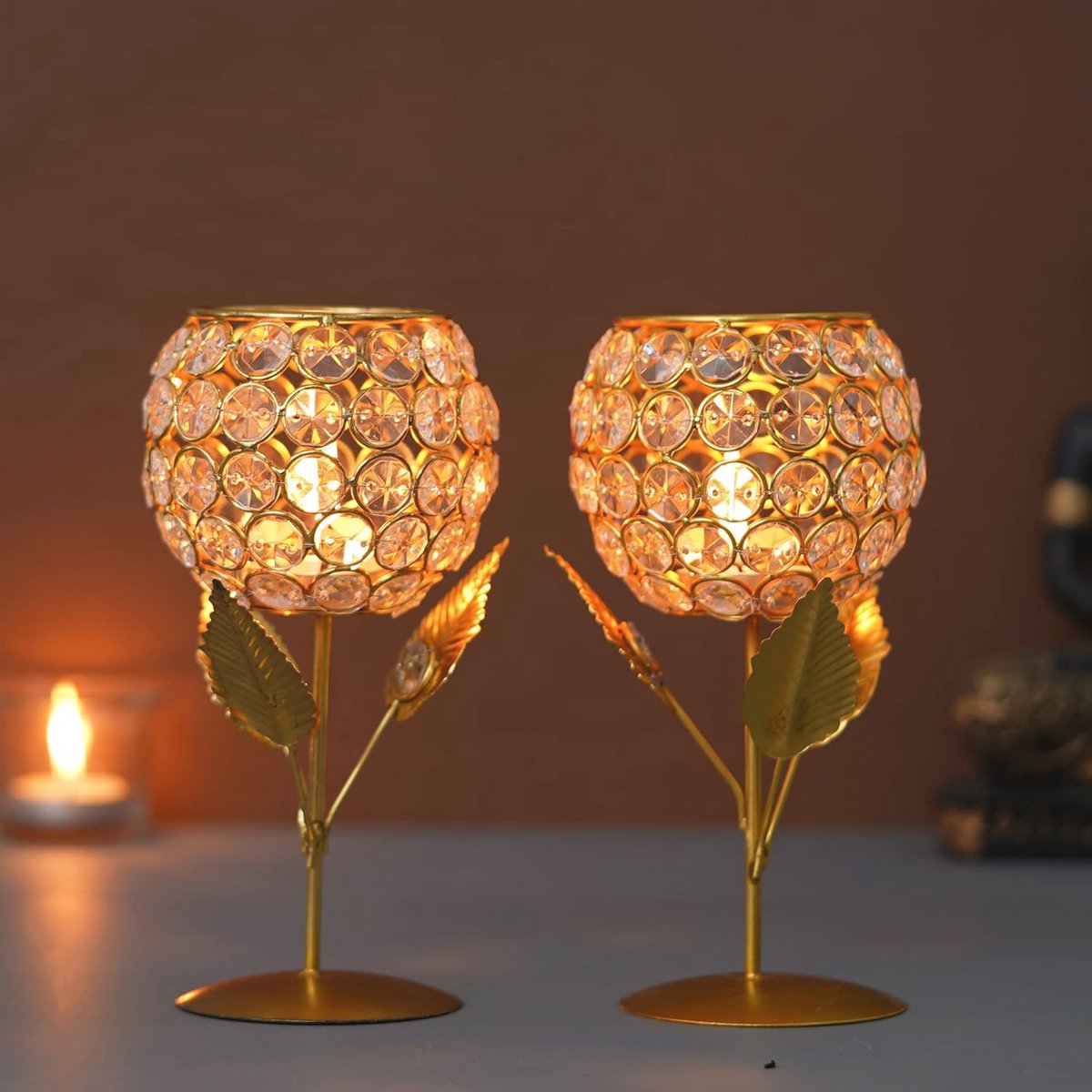 Premium Crystal Rose Kaarsenhouder Set van 2 voor Diwali Decoratie | 7 inch