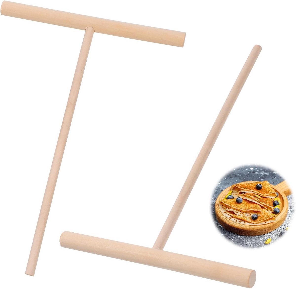 2 Stuks Houten Pannenkoekverdeler T-Vorm Deegverdeler Compleet voor Crêpes en Pannenkoeken