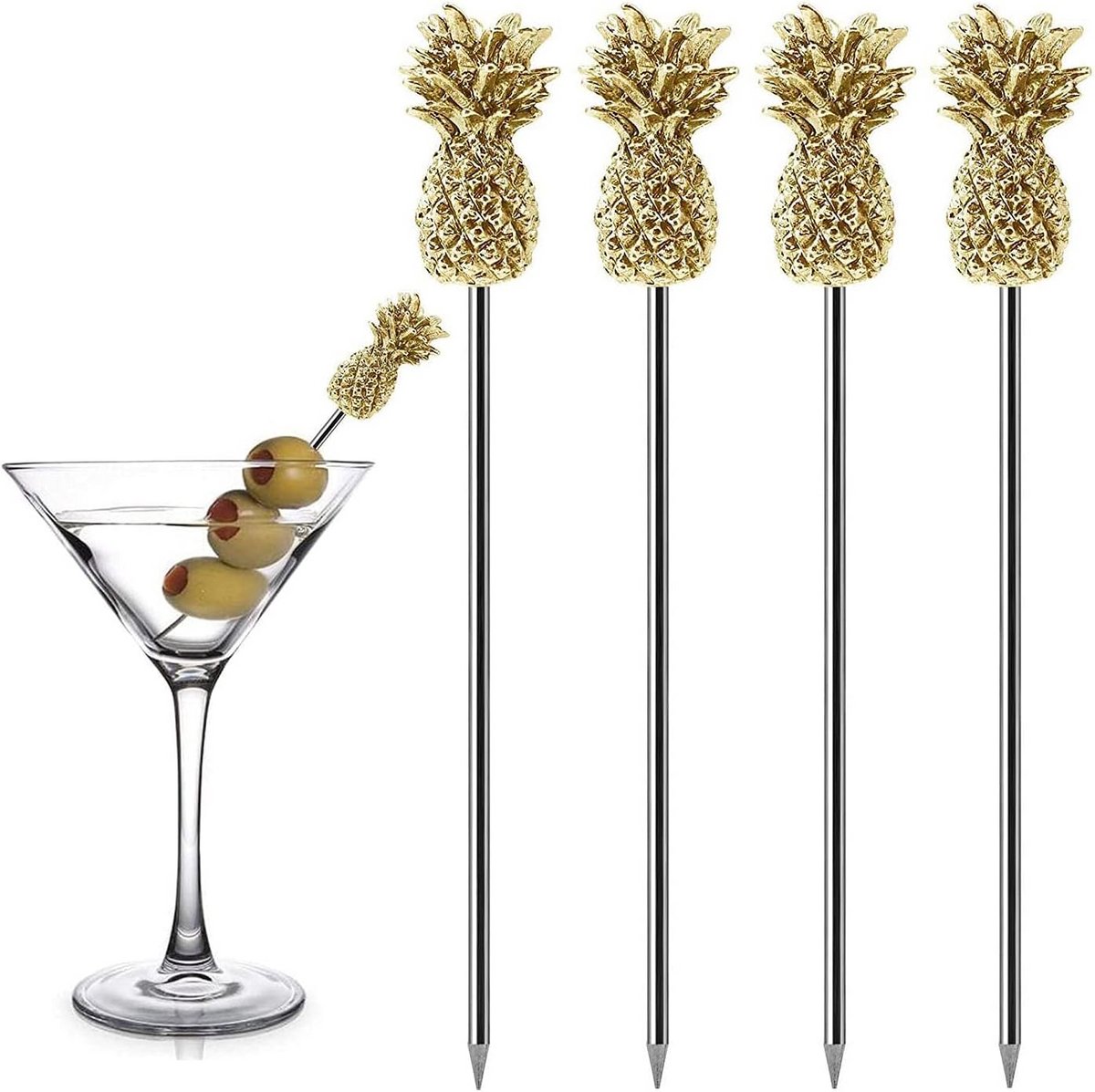 Cocktail Prikkers RVS met Ananas Topper - Set van 5 - 11 cm - Martini Garnituur