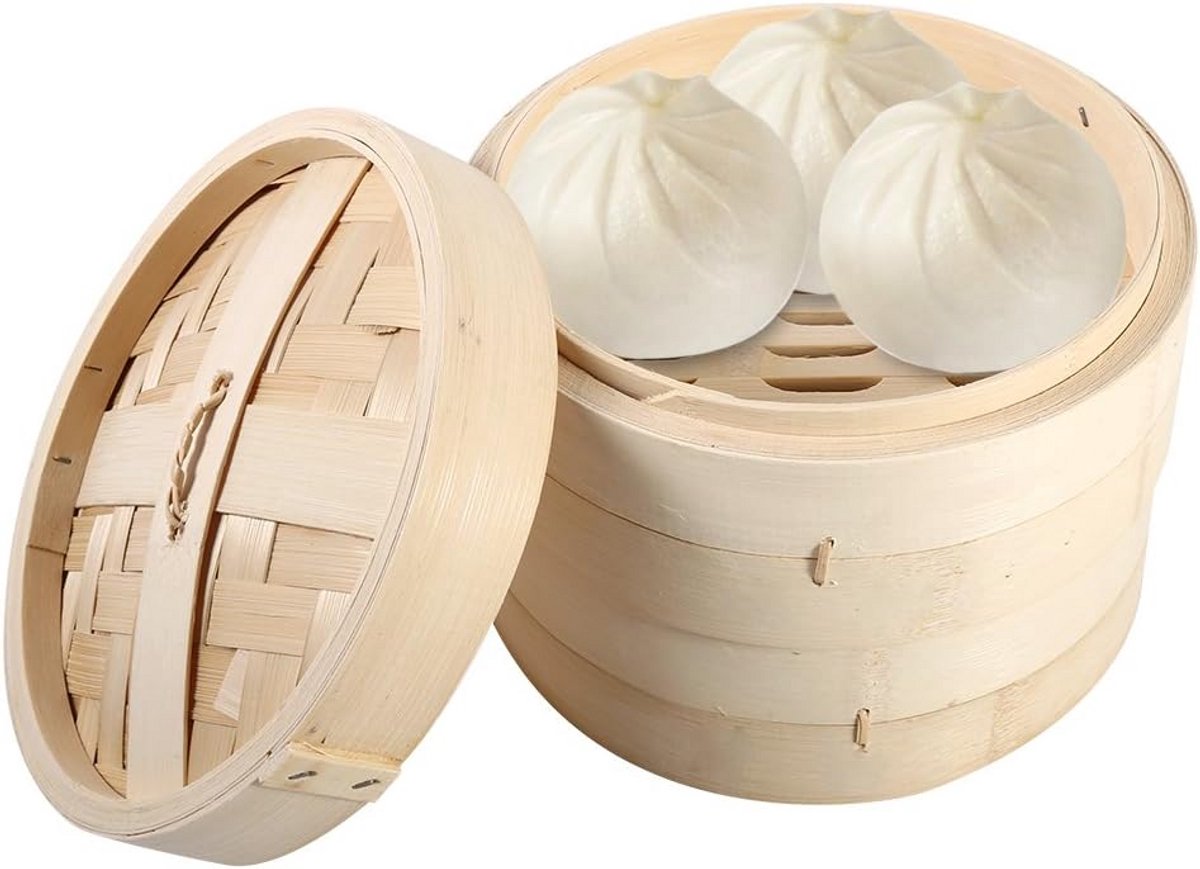 Stoommand van Bamboe met 2 Lagen en Deksel voor Dim Sum en Groenten (22cm)