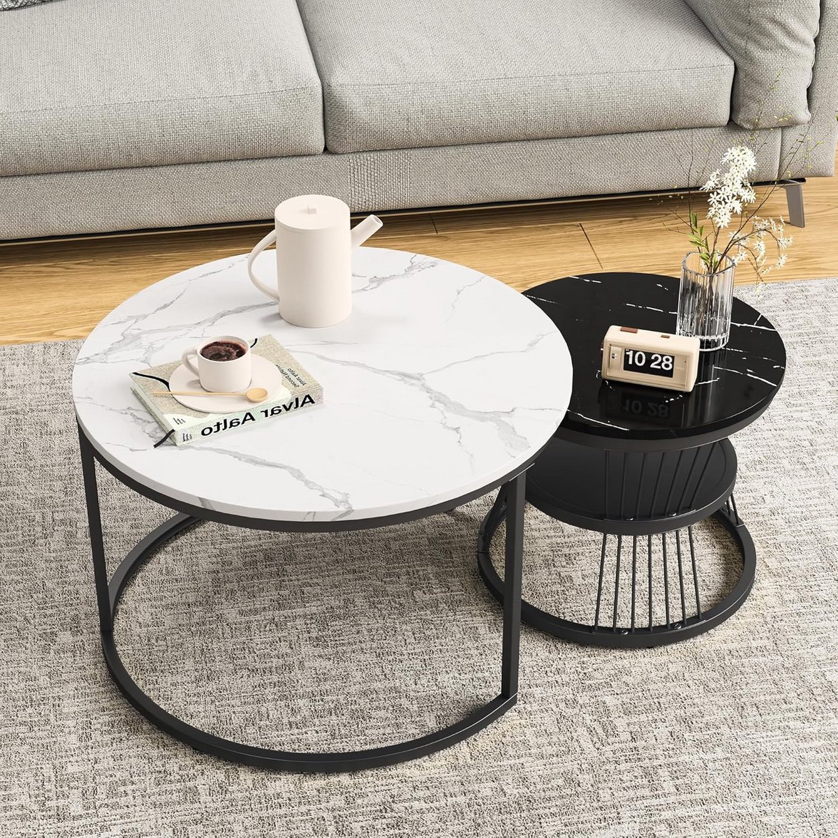 Set van 2 Ronde Salontafels met Uittrekbare Opbergruimte - Zwart en Wit
