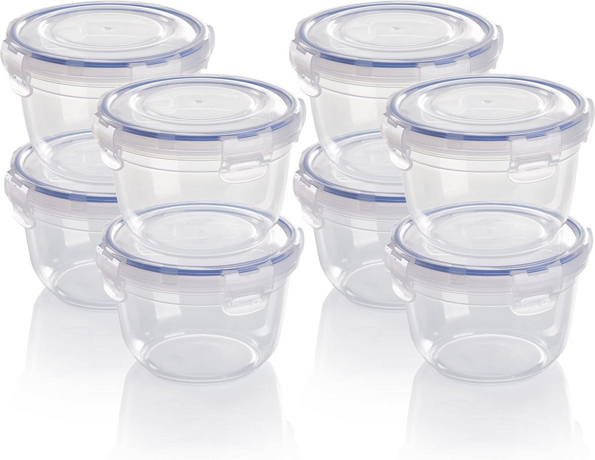 Set van 8 Ronde Kunststof Vershouddozen Plat & Stapelbaar