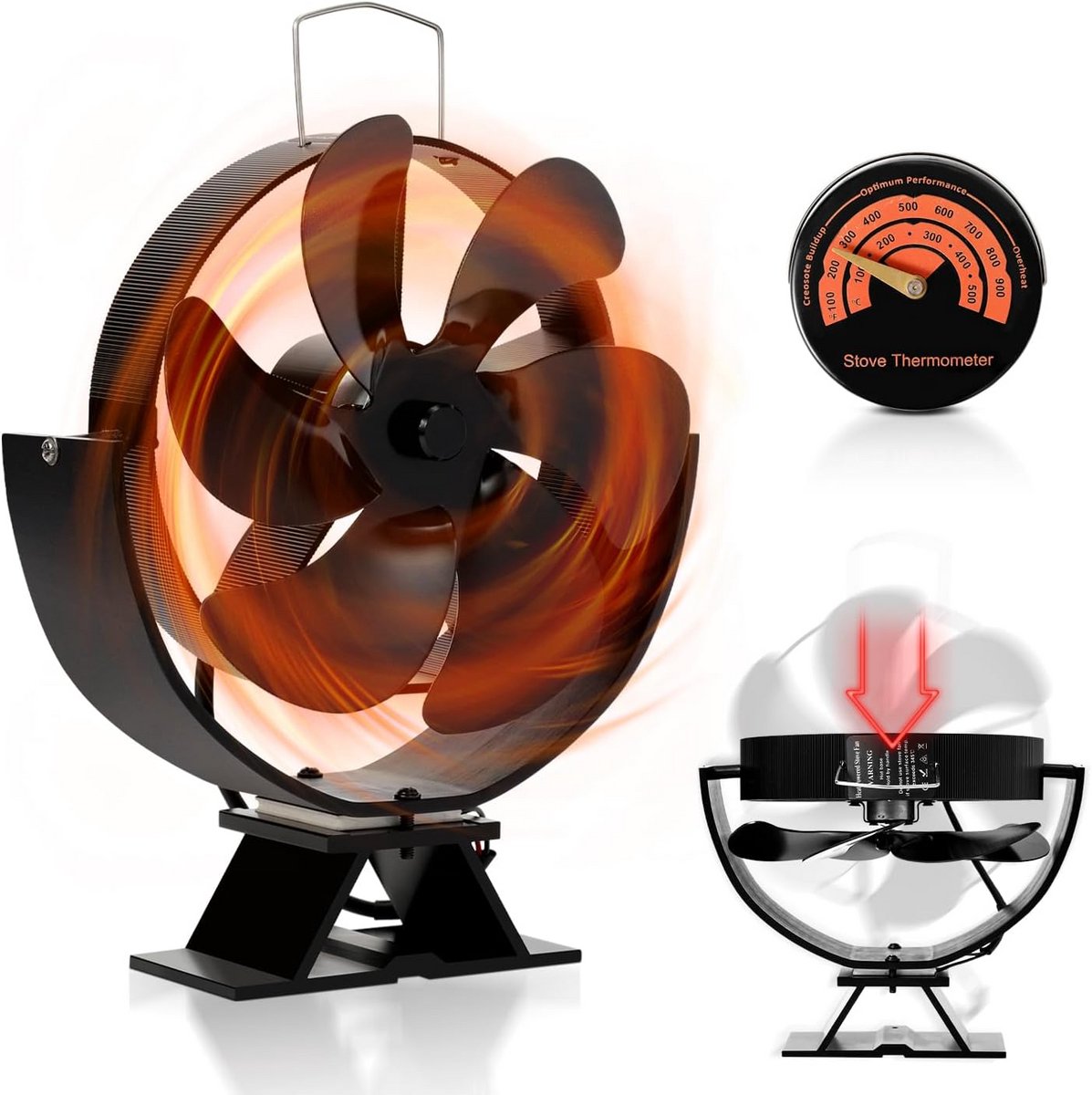 Houtkachel Ventilator op Warmte (Set van 2) - Stille Hittepomp met Magnetische Thermometer