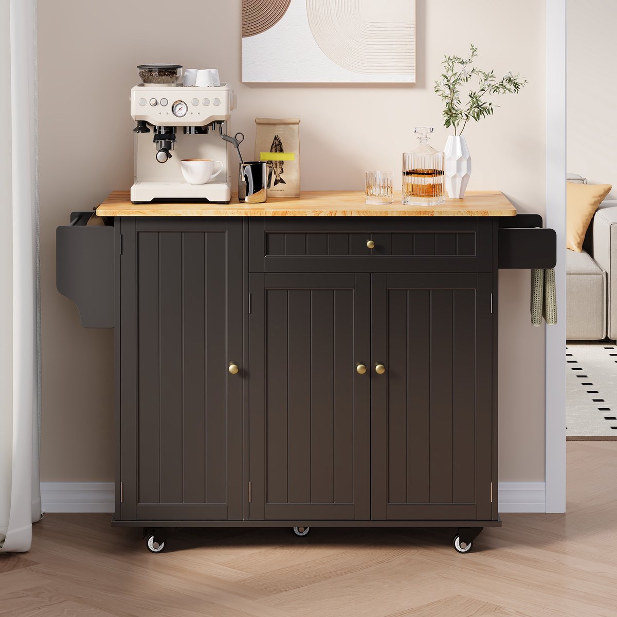 Bealife KC90 Keukentrolley met Opvouwbaar Werkblad - Serveerwagen - keukenwagen - keukenkast op wielen- 106 x 75 x 88 cm-Zwart