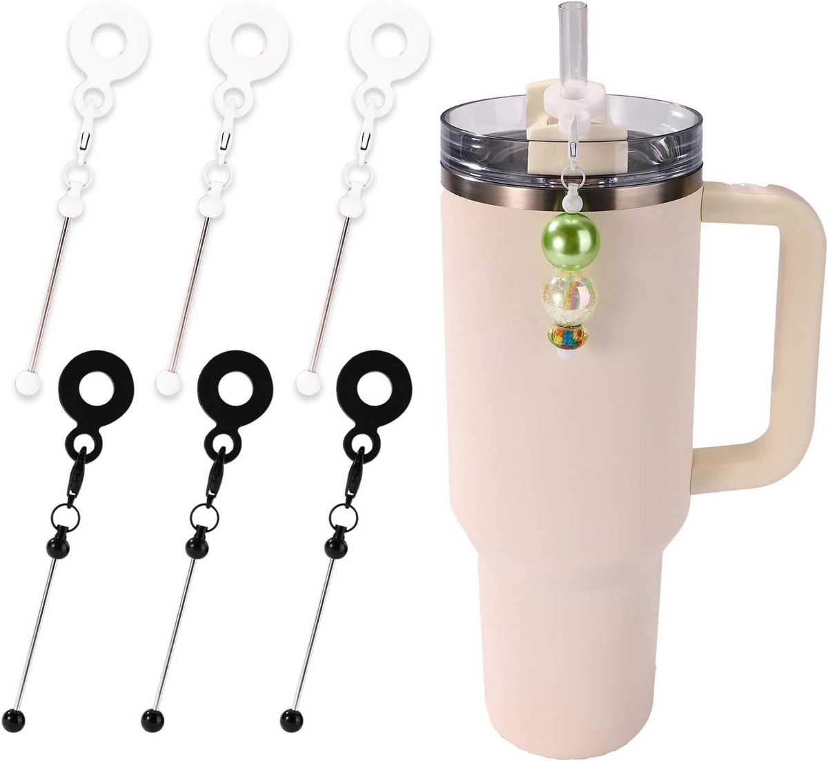6 stuks beaded straw charmes zwart wit - grappige siliconen rietjes voor cup decoratie