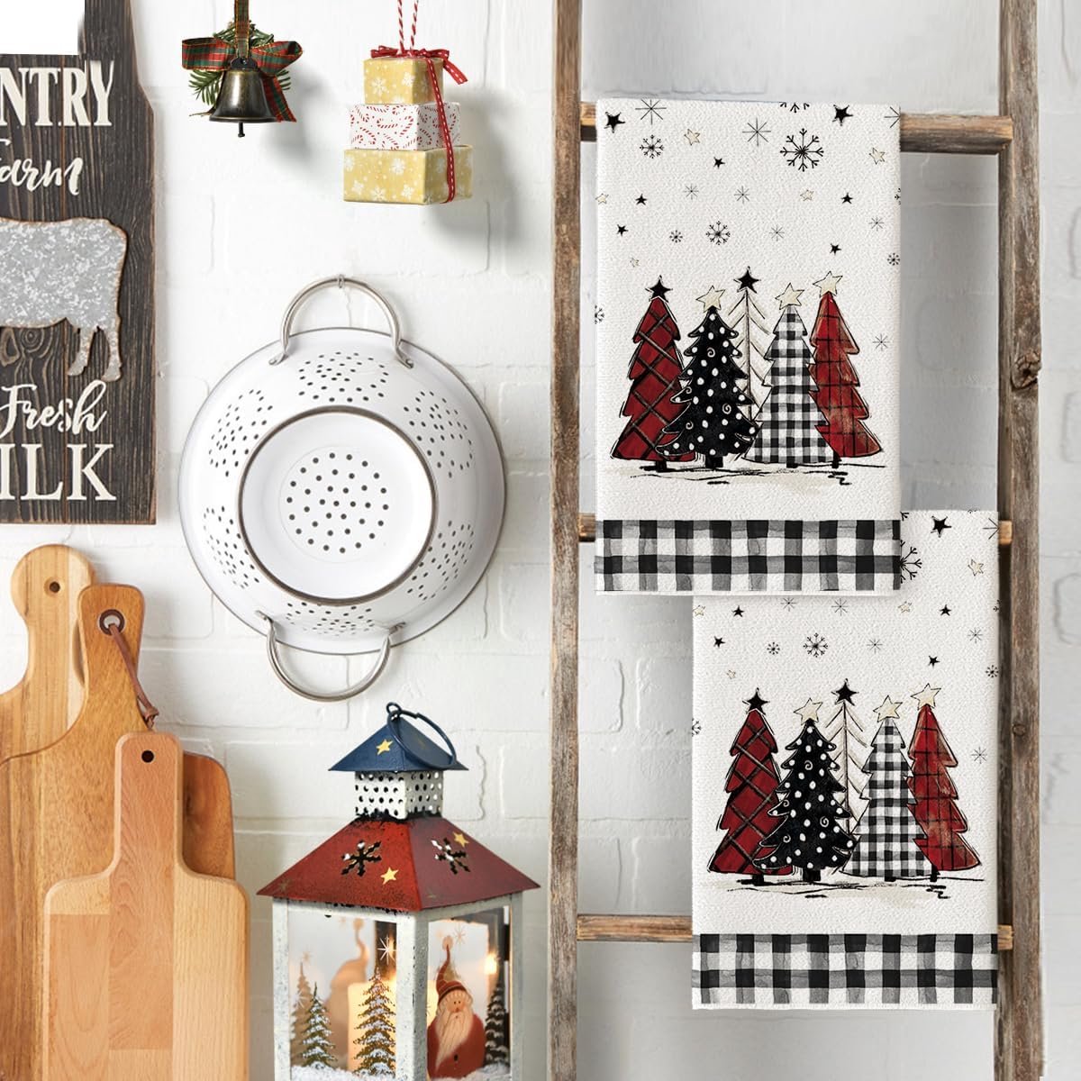 Set van 2 Zwart Witte Buffalo Ruit Keukendoeken Voor Kerst en Winterdecoratie