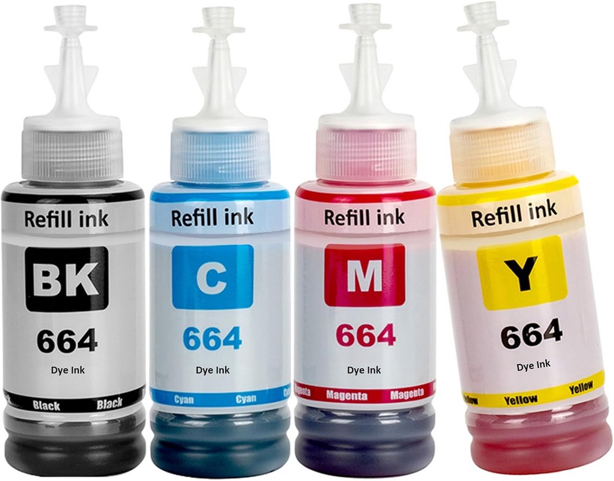 Inktfles Multipack voor EcoTank Printers Geschikt voor Modellen ET-2500 tot ET-4550 (4 Kleuren)