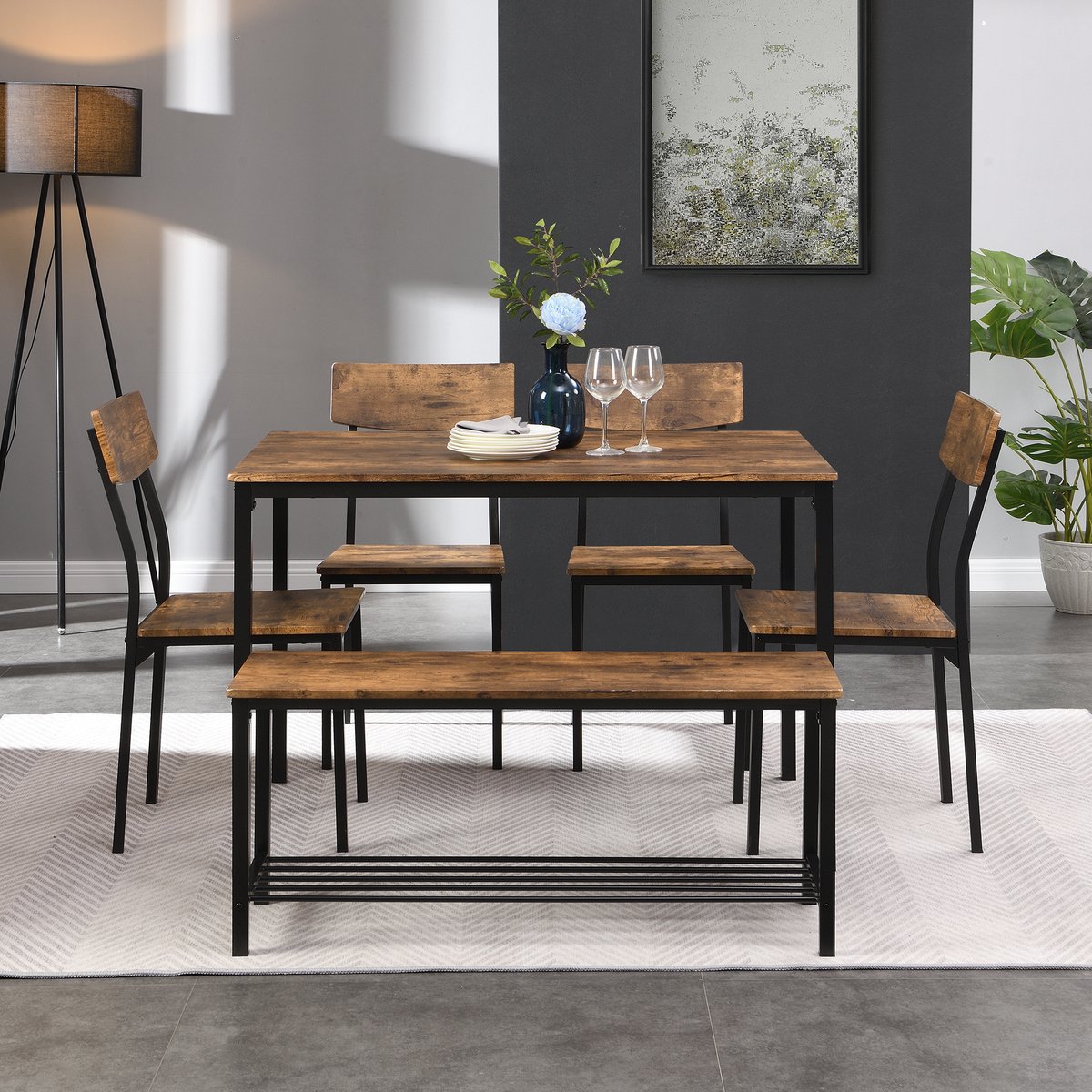 STILVORA Eettafelset - Industrieel Met 4 Stoelen En Kruk - Stalen Frame Met MDF Blad - Bruin - Compact Voor Kleine Ruimtes PVC-Furnier - 60kg Draagkracht
