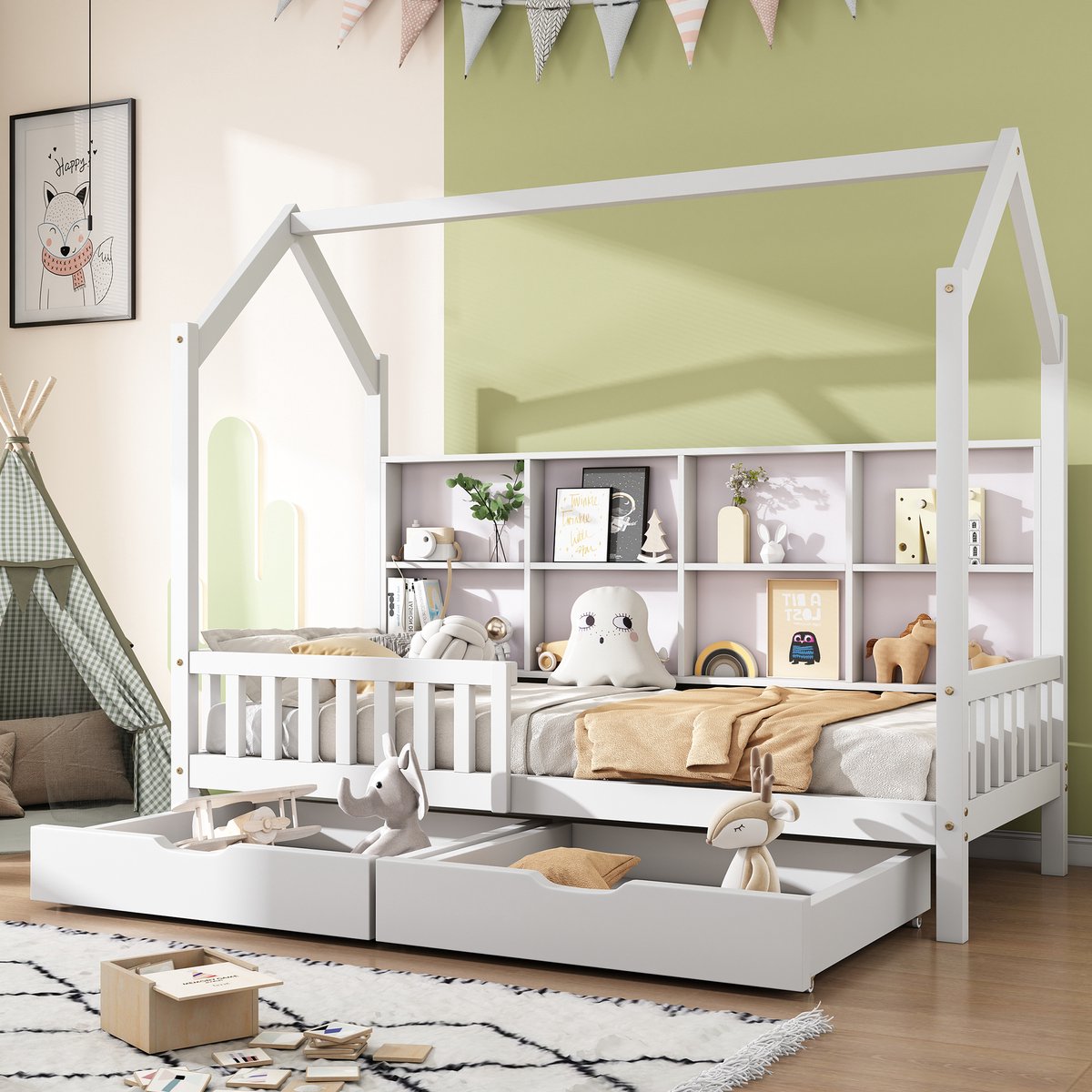 OKWISH Kinderbed 90x200 cm - Scandinavische Stijl - Met Boekenplank En Opbergrek - Met 2 Grote Lades - Voor Kinderkamer - Massief Hout - Wit - Zonder matras