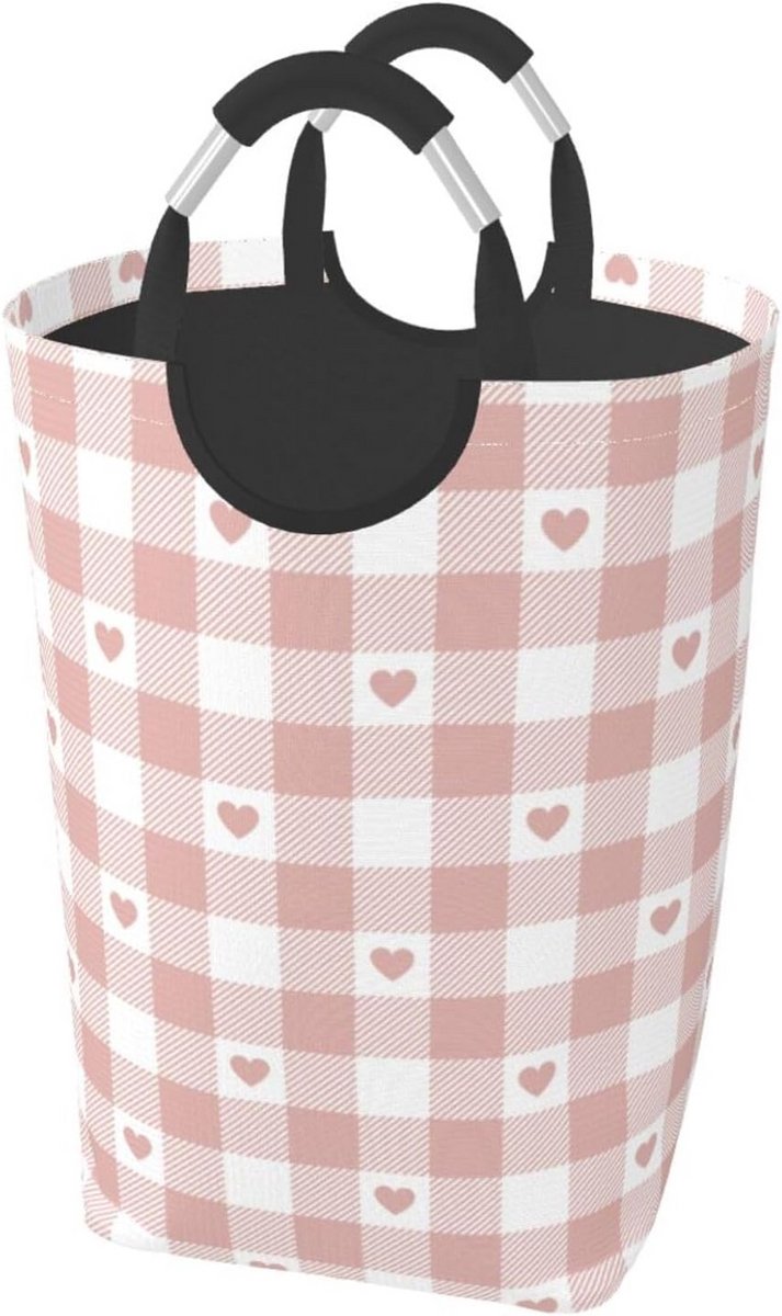Grote Opvouwbare Wasmand met Handvatten - Roze Geruit Hartjes Ontwerp - 50L