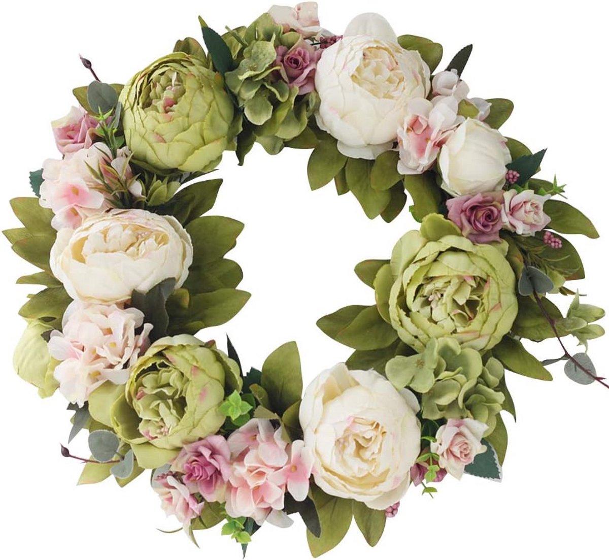 Luxe Kunstmatige Deurkrans - Ronde Lente Bloemen en Eucalyptus Decoratie voor Voordeur en