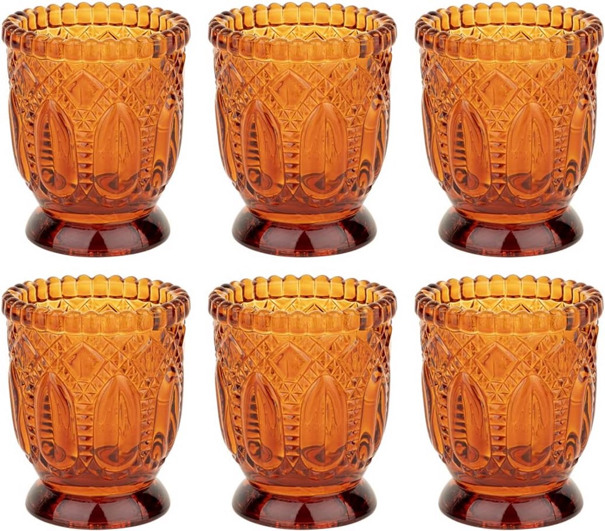 Set van 6 Vintage Glazen Kandelaars Amber - Decoratieve Theelicht & Votief Houders
