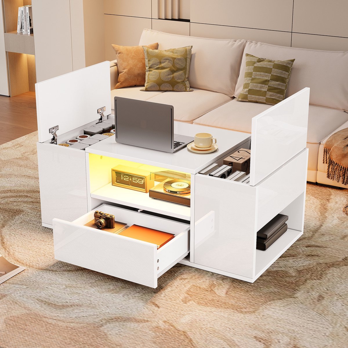 Sweiko Salontafel - Met lades - LED-verlichting - Hoogglans - 6 opbergvakken - Wit