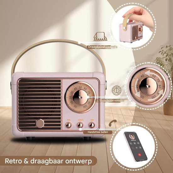 GELLDG Bluetooth-luidspreker - Klein - Retro - Draagbare feestluidspreker - Geschikt voor binnen en buiten - Decoratie voor kinderkamer - Perfect cadeau of decoratie voor verjaardagen, feesten en bruiloften - Roze van Merkloos — afbeelding 4