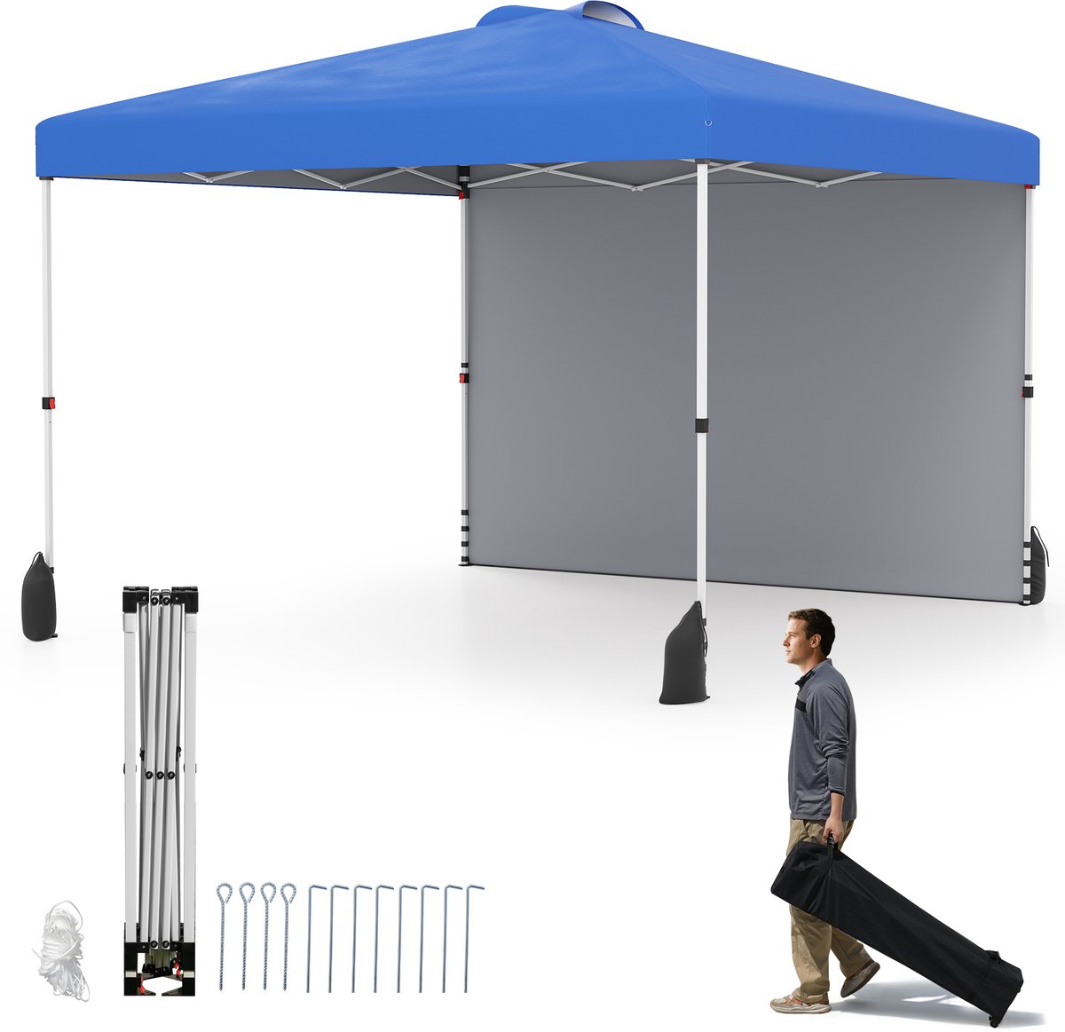 COSTWAY 3 x 3 m pop-up paviljoen met zijwand, draagbaar tuinpaviljoen incl. schaduwgever met roltas, 8 haringen, 4 ankers, 4 scheerlijnen en 4 zandzakken, outdoor-partytent (blauw)