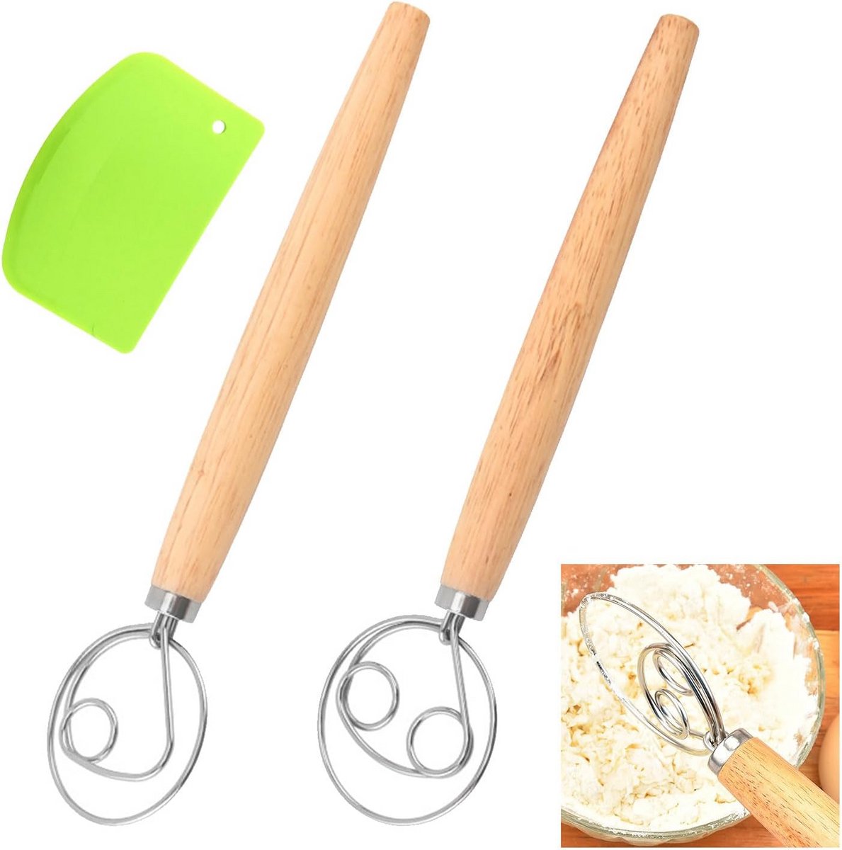 Deense Deegmixer 2 Stuks RVS met Houten Handvat en Deegschraper voor Brood en Cake