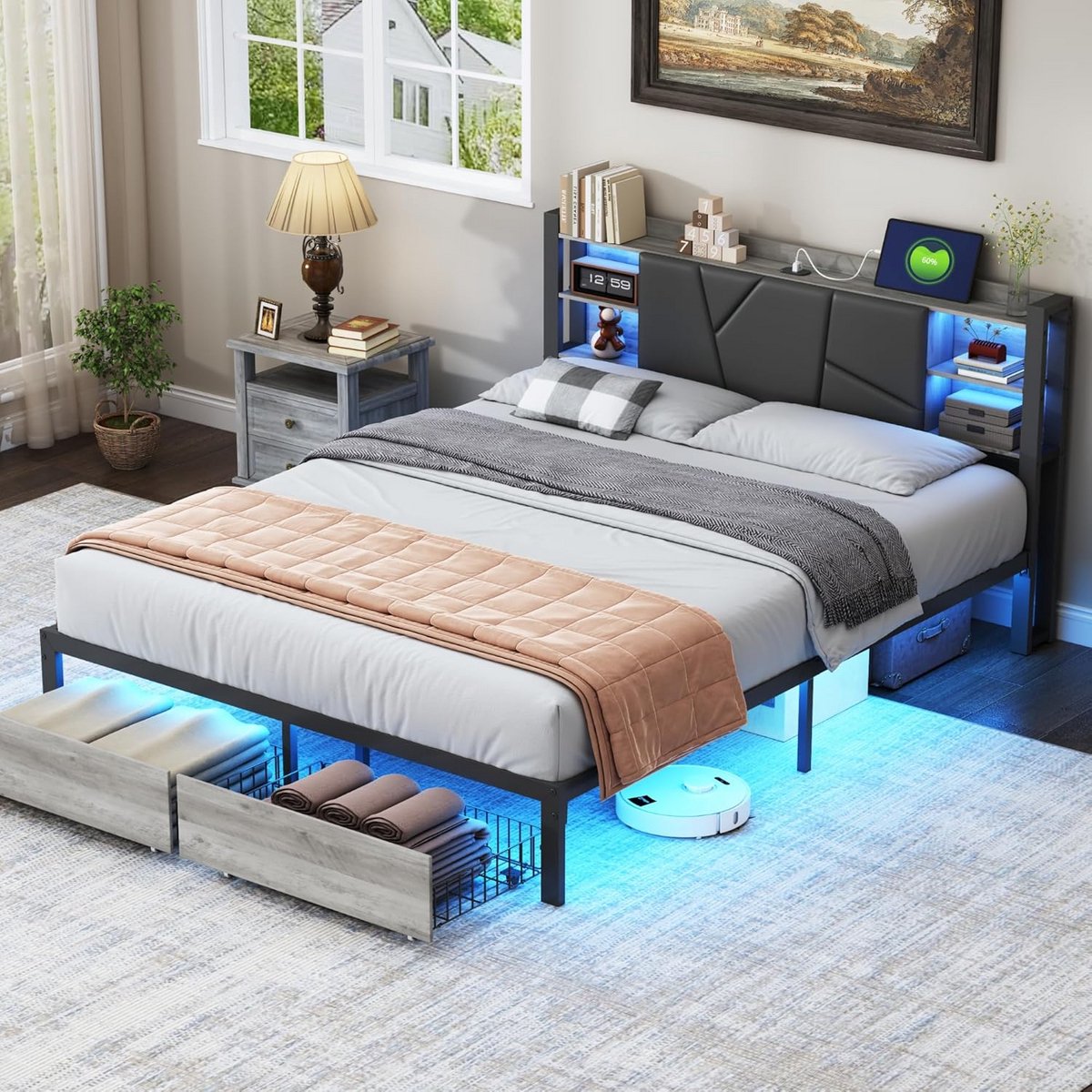 Gestoffeerd Tweepersoonsbed 140x200 cm met Opbergruimte, LED Verlichting en USB-poort