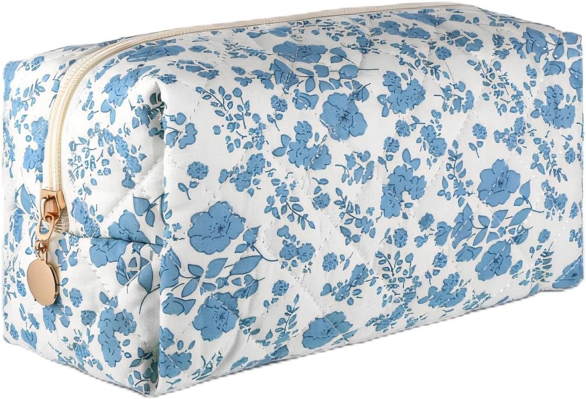 Schattige Bloemen Cosmetica Tas - Gequiltte Cosmetica Tas voor Vrouwen - Toilettas - Lichtgewicht Reis Make-up Tas met Rits - Kleine Meisjes Toilettas voor Cosmetica en Toilettenartikelen