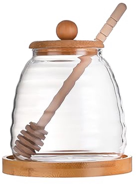 Eachave 500ml glazen honingpot met honingbeker en honinglepel, transparant glazen honingglas met deksel, honingpotten om honing en siroop te serveren
